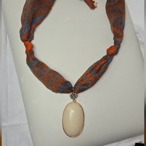 Orange & Blue Scarf Necklace with Cream Oval Pendant